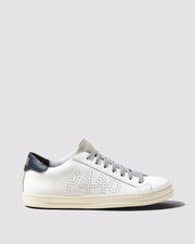 Side angle of white/navy and blue/white sneakers