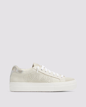 Side angle of beige and gold platform sneakers
