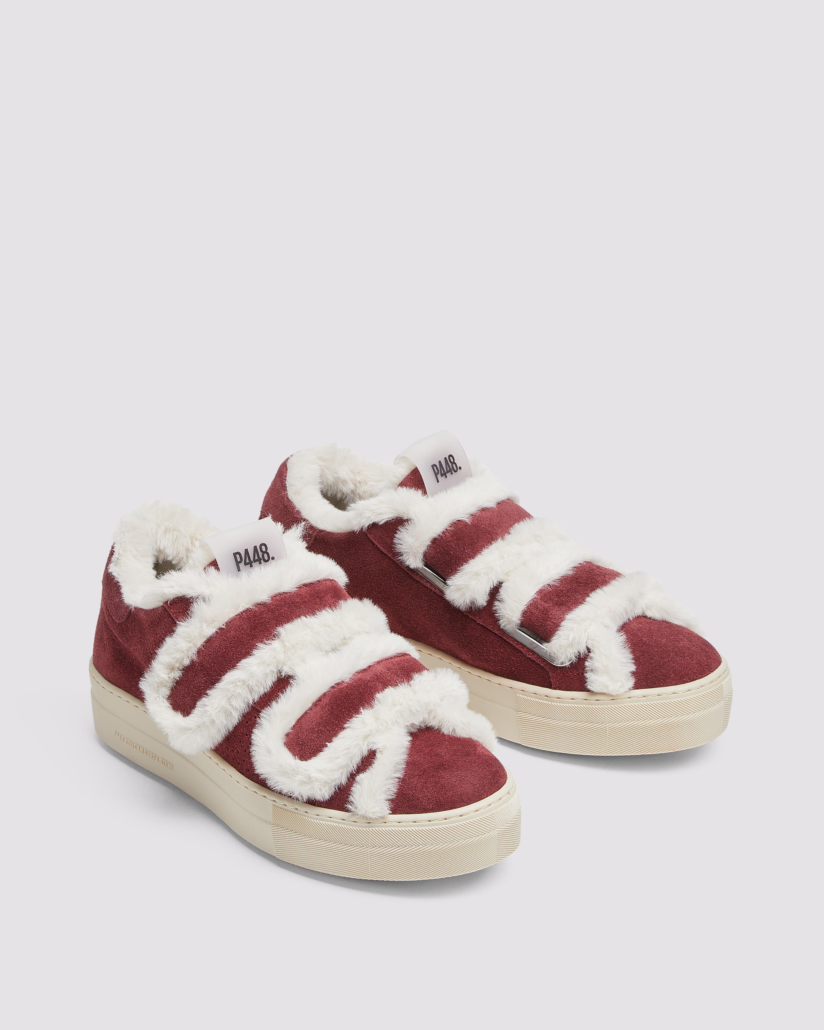 Thea Sherpa Bord - Women's Platform Burgundy Strap Sneaker – P448