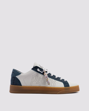 Side angle of white and blue sneakers