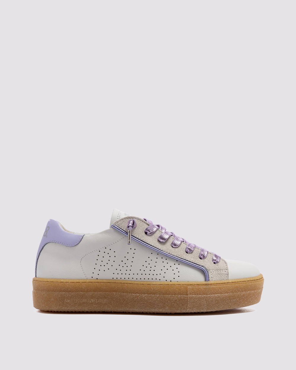 Side angle of white and purple sneakers