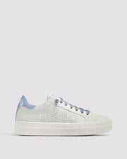 Side angle of blue/white platform sneakers